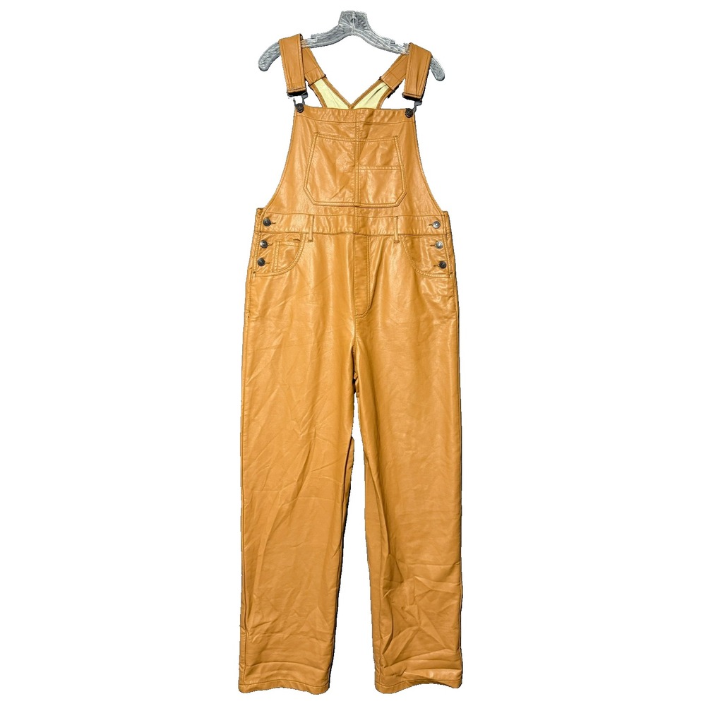 We The Free Tan Faux Leather Overalls Sz M Retro 70s Streetwear Utility Jumpsuit
